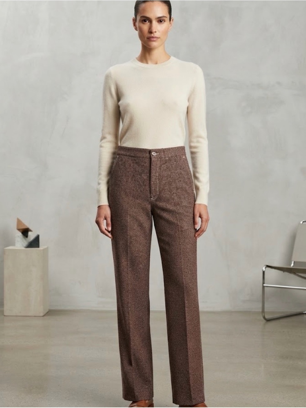 Zara Brown High-Rise Straight-Leg Wool-Blend Trousers